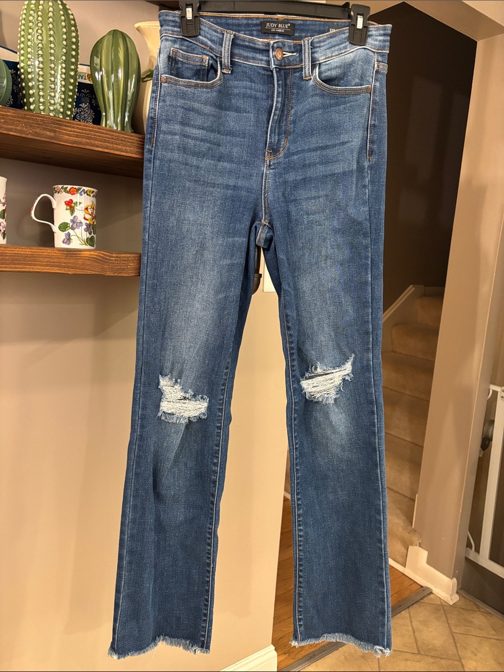 Judy Blue Straight Leg Distressed Jeans Size 5 or 27 Medium Wash Raw Hem